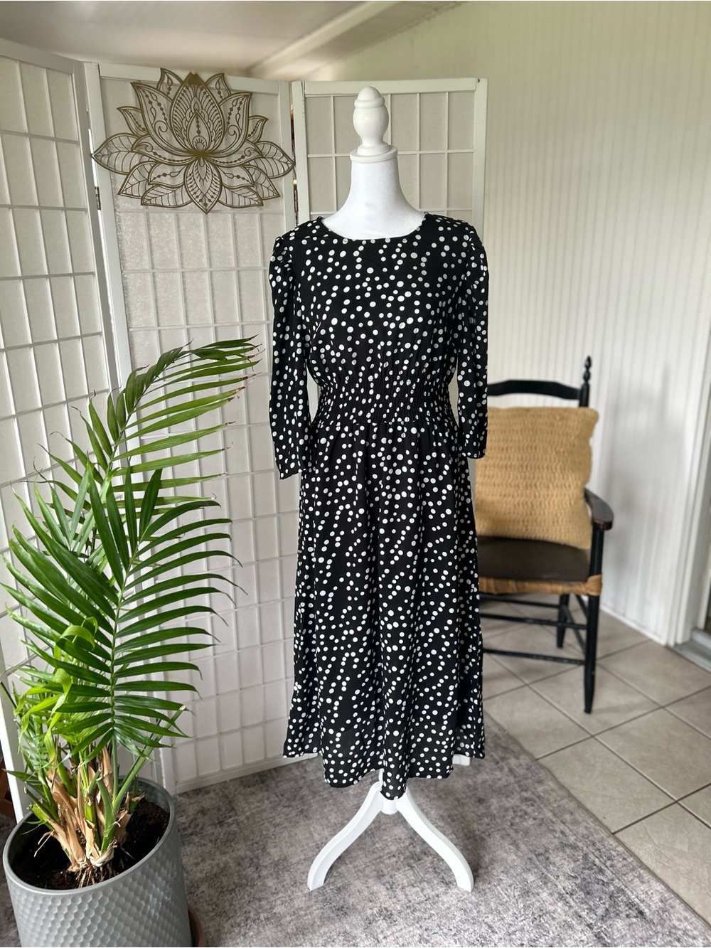 🖤🤍 Hayden Black White Polka Dot Midi Dress Size Large Feminine Chic